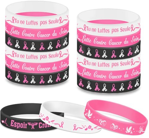 DPKOW Octobre Rose Bracelets en Silicone, 15 Français Bracelets de Sensibilisation au Cancer du Sein Octobre Rose Ruban Accessoires Fournitures Activité Cadeau, Espoir Croire Luttent