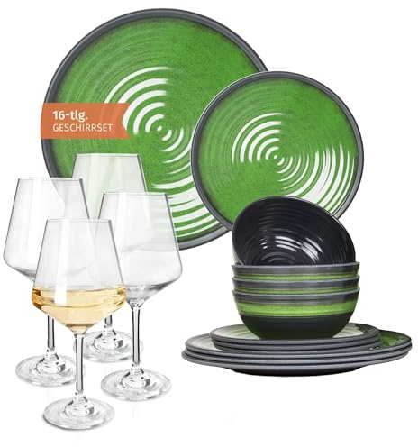 Vaisselle de camping en mélamine pour 4 personnes Vert pierre + 4 verres à vin Milano blancs