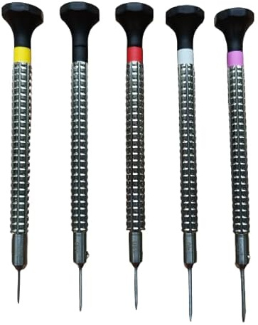 KD89 Bergeon - 7965-P05 - Assortiment de 5 Tournevis d'horloger à profilé spécial, en Acier INOX, tête Ergonomique en Pom - Ø0,80-1,00-1,20-1,40-1,60mm