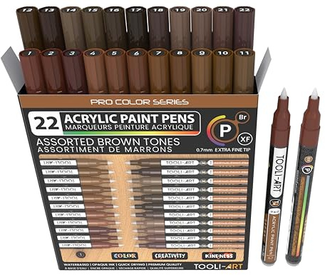 Acrylic Paint Pens 22 Brown Tones Assorted Pro Colour Series Markers Set 0.7mm Extra Fine Tip for Rock Painting, Glass, Mugs, Wood, Metal, Canvas, Projects, Non Toxic, Waterbased, Quick Drying
