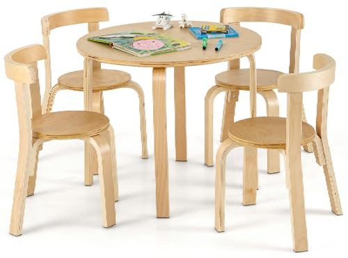 Maxmass Kids Table and Chairs Set, Solid Wood Children Table and 4 Stackable Chairs with Non-slip Foot Pads, 5-Piece Toddlers Furniture Set for Living Room, Playroom, Kindergarten (Natural)