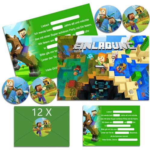 OSOFREE 12x Einladungskarten Kindergeburtstag Junge mit Umschlag Deutsch, Kindergeburtstags Party Einladungen, Cartoon Geburtstag Einladungskarten Set für Themed Party (A6)