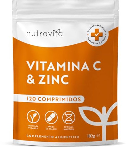 Nutravita Vitamina C 1000mg + Zinc 20mg - 120 Comprimidos Veganos - Apoya el Sistema Inmunitario, Reduce la Fatiga y Mantenimiento de Huesos, Piel, Uñas y Cabello - Vitamin C y Zinc para 4 Meses