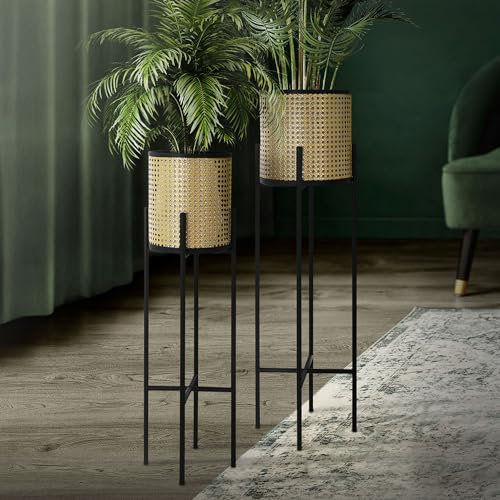 ML-Design Blumenständer 2er Set Schwarz-Gold 16,5x16,5x80,5 cm/19x19x90 cm, Stahl, Blumentopfständer mit Übertopf, Metall Pflanzenständer, Blumentopfhalter 2-TLG, Pflanztopf Blumensäule Blumenhocker