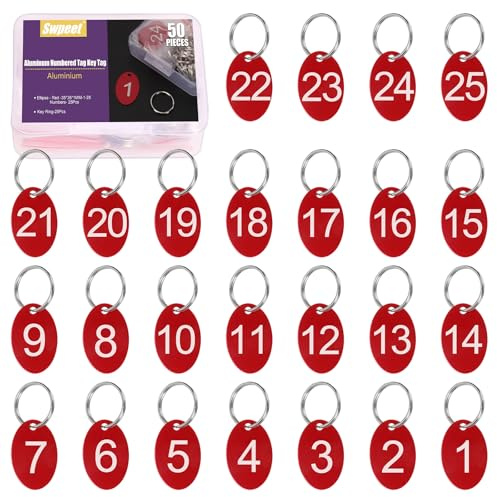 Swpeet 50pcs 1-25 nummer röd rektangel aluminium nummer taggar med nyckelringar sortiment kit, metall nyckelring tag med numrerade nyckel taggar ID-tag för kodning, dekoration (Oval)
