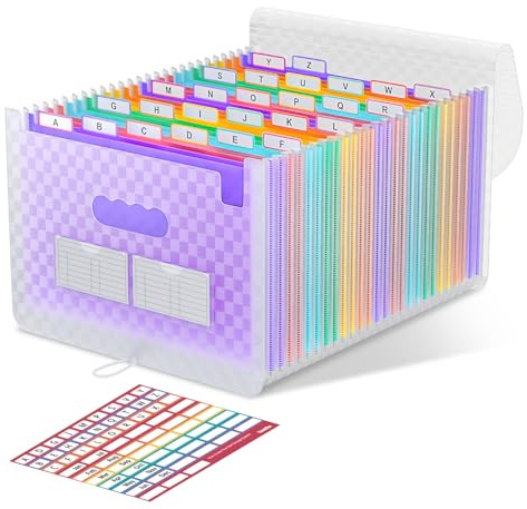 ThinkTex Accordion File Organiser, 26 Pockets Expanding File Folders, Monthly Bill Receipt Documents Organiser, Colorful Tabs, Letter/A4 Size - Purple