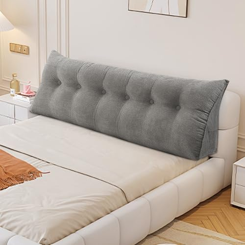 HUOLE - Cojín de apoyo para la espalda, gran cojín triangular para sofá y cama, respaldo y cabecero con funda extraíble y lavable, práctico bolsillo lateral, 180 x 50 x 20 cm, color gris