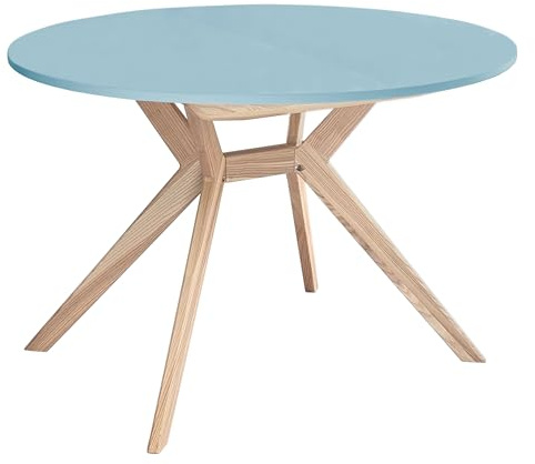 RAGABA Mesa de comedor redonda extensible Biju de 120 cm, mesa de comedor para 6 personas, madera maciza de fresno y tablero MDF, ahorra espacio, ampliable, color azul paloma