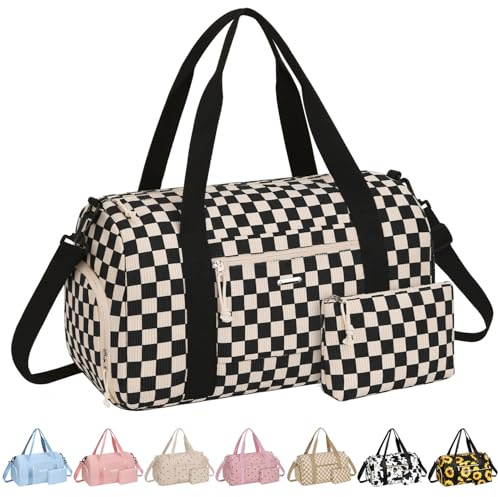 Vankor Corduroy Gym Bag for Women Teen Girls Kids Cute, Small Womens Girl Gym Duffle bag with Shoe Compartment Portable for Sport Dance Workout Travel Corduroy Checkered Black