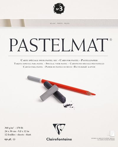 Clairefontaine 96028C Zeichenblock Pastelmat (kopfseitig geleimt, 12 Blatt, 24 x 30 cm, 360 g, mit 4 transparenten Trennblättern, Spezielkarton ideal fur Pastell und Kreide) weiß