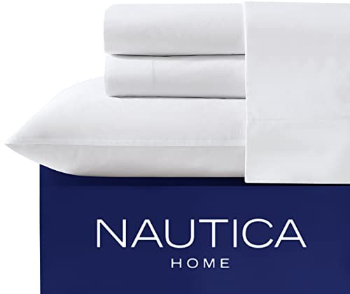 Nautica - Twin XL Sheet Set, Cotton Percale Bedding Set, Crisp & Cool, Dorm Room Essentials (White, Twin XL)