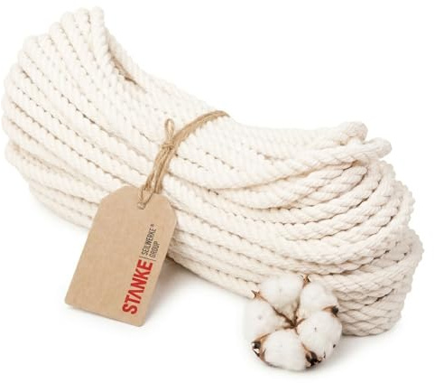 Seilwerk STANKE Cordelette Coton 8mm x 50m, torsadée en 3 brins - Corde macramé, Suspension Corde pour déco, Ficelle Bricolage - Douce, teignable, Facile à Nouer, 100% Coton Naturel, Bonne adhérence