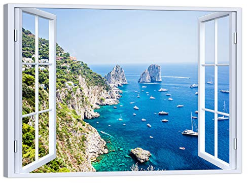 LuxHomeDecor Quadro finestra su capri 100x75 cm Stampa su Tela con Telaio in Legno Arredamento Arte Arredo Moderno