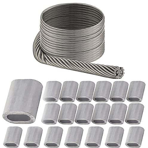 OPIOL QUALITY® 40m Drahtseil, hart 1x19 3mm, 20x Pressklemme Aluminium 3mm Edelstahl A4 Set Drahtseil Seil Kabel Seilklemmen Seil Kasuchen Klemme Rankhilfe Sonnensegel