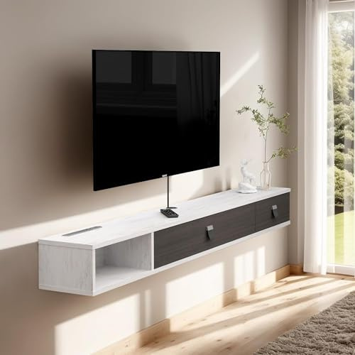 Unidad de TV flotante montada en la pared, soporte de TV flotante para consola de medios de entretenimiento, almacenamiento para juegos, muebles de oficina en el hogar (120 cm, gris-blanco)