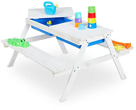 Relaxdays Kindersitzgruppe für draußen, Picknickbank aus Holz, Plastikwannen zum Matschen, HxBxT: 50 x 89 x 85 cm, weiß, 10038636