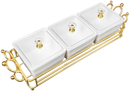 YA JU Ceramic Bowls and with Lid Gold Basket Trays, 3 Removable Small Bowls Condiment Trays Nut Serving Set for Snacks, Fruits, Candy and Condiments - Great for Parties, Holiday Gifts, White