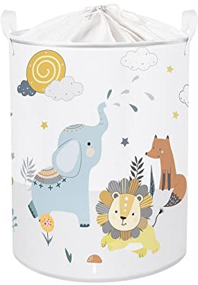 Clastyle 45L Cesta Indumenti Sporchi Animale Cartone Elefante Volpe Cestino Portaoggetti Giocattoli Bianco Tondo per Camera dei Bambini, 36x45 cm