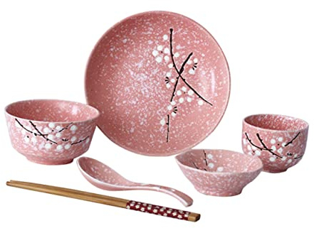 TOPBATHY Set Stoviglie in Porcellana Stile Giapponese Rosa 6 Pezzi Piatto, Ciotola, Tazza e Bacchette, Design Moderno e Sensazione Confortevole per Uso Domestico Quotidiano