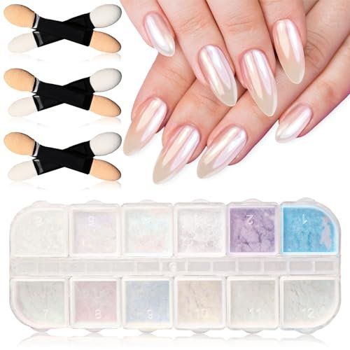 Andibro Weiß Pearl Chrome Nagelpulver, 12 Farben klares Aurora Puder für Nägel Glas Eis transparentes Perlglanzpulver Meerjungfrau Perlen Glitzer Staub Set für Gel Nagel DIY Nagelkunst Zubehör