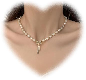 W WEILIRIAN kristallbåge hänge halsband oval pärlhalsband halsband strass båge halsband guld fluga halsband vintage pärlor halsband smycken för kvinnor och flickor gåvor