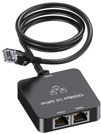 Uzifhdhi Divisor LAN 1 a 2 con cable Ethernet, conmutador LAN Gigabit de 2 puertos 1000 Mbps Ethernet para ordenador, TV, hub, conmutador, router, set-Top Box, color negro