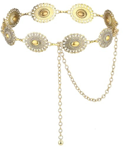 Giantree Western Metall Concho Gürtel, Kettengürtel Damen Taillenkettengürtel, Metall Cowgirl Kettengürtel für Damen Verstellbarer Vintage Kleid Jeans Taillenkette für Jeanskleider (Gold)