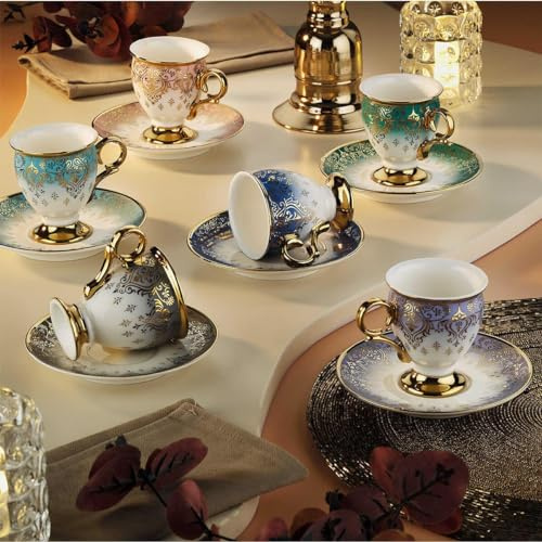 derya home Gonca espressokopp i porslin, turkisk kaffekopp set med 6, koppar och fat (8,5 dl) guldmönstrade koppar