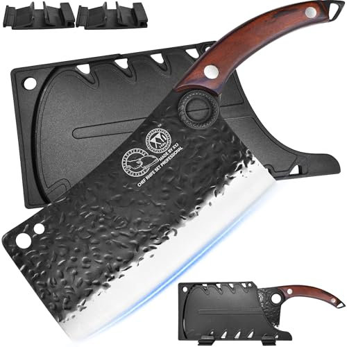 XYJ Coltello da cuoco a mannaia, coltello da macellaio in acciaio ad alto tenore di carbonio con fodero, coltello cinese da cucina per verdure, manico in legno a codolo pieno, taglio della carne