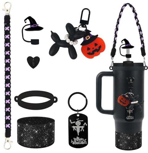 BELSITA Halloween Stanley Tassen-Zubehör-Set, schwarze Perlen, Hund, Hexenhut, Strohhalm, Wasserflasche, Griff, Gurt, Silikon-Stanley-Becherstiefel, Stanley-Charms für Stanley-Becher mit 30/1,2 l (7
