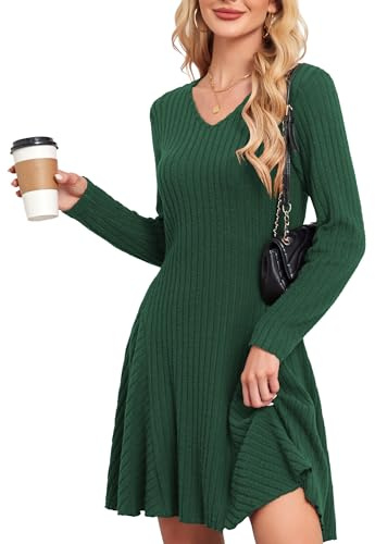 SENBATU Abito a Maglia Donna Autunno Elegante Pullover Abito Manica Lunga V-Collo Abiti Invernali Verde Bosco Small