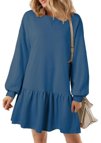 ABYOVRT Vestito Casual da Donna Manica Lunga Feple Abito Girocollo A Line Vestiti Sportivo Sweatshrt Pullover Mini Dress Invernali Autunno,Blu,M
