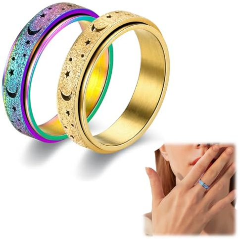 2PCS Bague Femme en Acier Inoxydable Anti-Stress Fidget Ring - Anneaux Spinner d'Anxiété pour Soulagement du Stress - Pour Femmes et Hommes (N°8- Multicolore+Or)