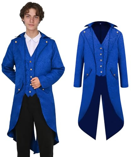 AFJIODUV Steampunk Vintage Jacket Medieval Costume Men, Gothic Vintage Mens Victorian Costume, Steampunk Tailcoat Jacket for Halloween Renaissance Cosplay Party (Blue, 2XL)