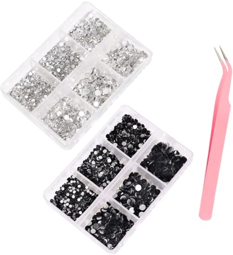 1800 Pezzi Strass Termoadesivi per Tessuti, Brillantini per tessuti, 6 misure, 2 Scatole Strass Decorativi, 1 pinzette, Adatto per abbigliamento, nail art, artigianato, fai da te (Nero, Bianco)