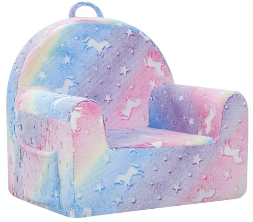 MeMoreCool Kids Sofa Couch, Soft Plush Toddler Chair Comfy Baby Armchair | Glow in The Dark Toddler Sofa for Boys Girls Age 1-3, Foam Kids Couch for Bedroom Décor, Rainbow