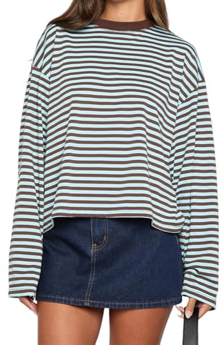 Maglietta da donna a righe, Y2k a maniche lunghe, girocollo, spalle basse, vestibilità larga, felpa basic Fairy Grunge, top streetwear, cioccolato, M