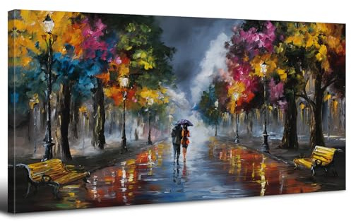 AREBOLO Avec Cadre Grande Toile Images Coloré Abstrait Vue de la rue Tableaux Sur Toile Peinture Aquarelle Peinture Couple avec Parapluie Sous un Arbre Morden Maison Salon Chambre Décoration 50x100cm