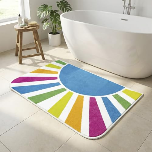 BLESWIN Tappetino da Bagno 60 x 110 CM, Tappetino Antiscivolo Grande per Ingresso e Cucina, Tappeto da Bagno Lavabile in Lavatrice, Tappeto Moderno a Pelo Corto Sole Arcobaleno per Moquette, Blu