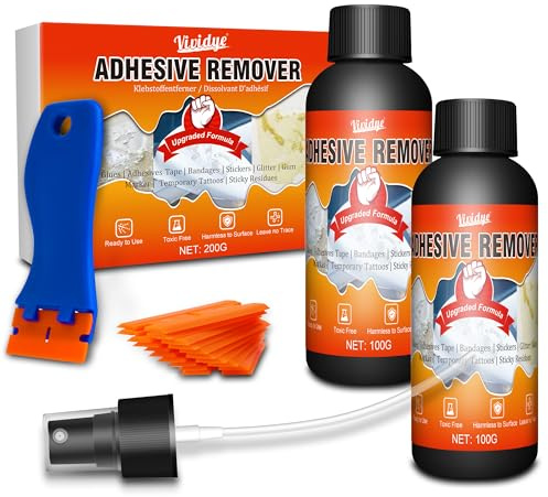 Eliminador de Pegamento Extra Fuerte, 200ml Despegador de Etiquetas con Rascador y Cuchillas de Afeitar, Elimina Rápidamente Etiquetas, Calcomanías, Chicle, Cinta Adhesiva y Residuos de Pegatinas