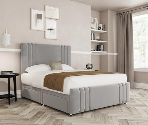THE BED VILLAGE YORKSHIRE Ripon with Footboard Small Double (4ft) Divan Bed with Mattress, Headboard & 2 Drawers Same Side | Silver Grey Plush Fabric | British Timber | Sustainable Handcrafted Design