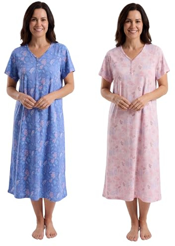 INSIGNIA Womens Pack of 2 Short Sleeve Long Cotton Blend Cool Jersey Nightshirts Nighties (Leaf Pink & Blue, 16-18)