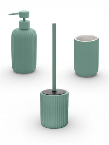 Accessori Bagno in Ceramica Linea Color Verde Soft-Touch – Set Bagno Moderno con Design Cannettato, Varianti Dispenser Sapone, Portaspazzolino e Portascopino WC (set completo)