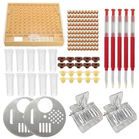 SUKRZPZ Beekeeping Tools Set， Plastic Queen Rearing System Complete Grafting Kit with Royal Jelly Pen, Cell Cups, Queen Bee Cage & Catcher Clips Beekeeping Supplies