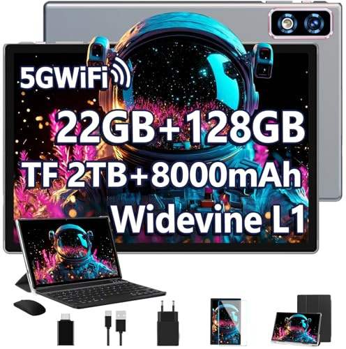 Último Tablet Android Gemini AI, Tablet 10 Pulgadas, 22GB+128GB/TF 1TB, Octa-Core 2.0GHz, 5G WiFi, Bluetooth5.0, 8000mAh Batería, 8MP+5MP, Widevine L1, GPS, Tablet con Funda, Teclado y Ratón - Gris