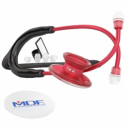 MDF Instruments, Acoustica Lightweight Stethoscope for Doctors, Nurses, Students, Home Health Use, Adult, Dual Head, Black Tube, Red Chestpiece-Headset, MDF747XPR11