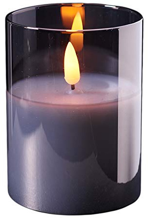 Högkvalitativt och ädelt LED-ljus i glas – timer – realistiskt flimrande – ny design (grå, höjd: 10 cm – Ø 7,5 cm)