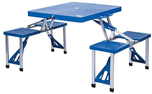 AKTIVE Conjunto de mesas plegable y 4 taburetes, Mesa tipo maletín, Mesa de picnic, 85x64x67 cm, Soporte sombrilla, Estructura aluminio, para 4 personas, peso máx 80 kg, Camping, Azul, 52892