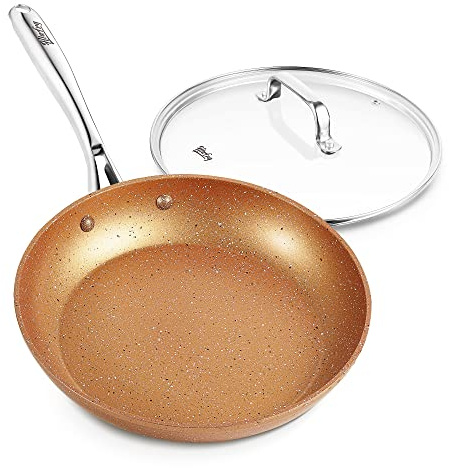 HLAFRG 20 cm non-stick stekpanna med lock, marmorstekpanna, stenhärledd beläggning, giftfri APEO och PFOA-fri, med mjukt ergonomiskt handtag, ugnssäker och induktionskompatibel – kopparpanna ..