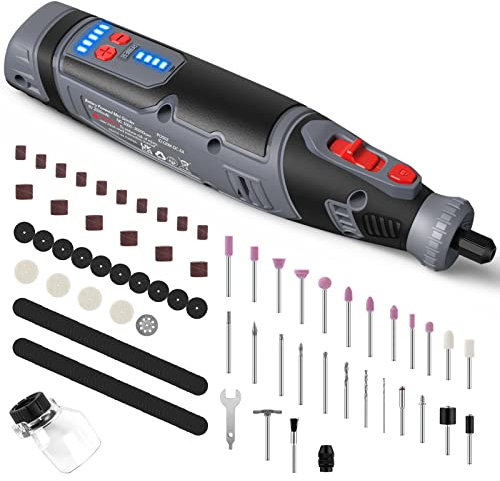 PioneerWorks 8 V Mini schnurloses Drehwerkzeug, 2,0 Ah Li-Ionen-Akku-Antrieb, 5-Gang-Power-Dreh-Set mit 160 Zubehörteilen und LED-Leuchten zum Schleifen, Polieren, Gravieren, Bohren, Schneiden